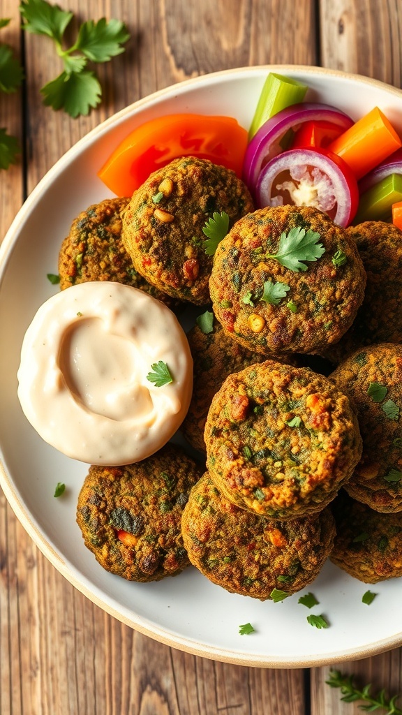 Crispy kale falafels on a plate with tahini sauce and fresh vegetables.